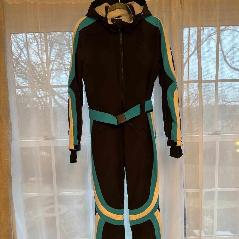 Women’s Ski One-Piece Jacket & Pants in Black with Teal and Cream Accents